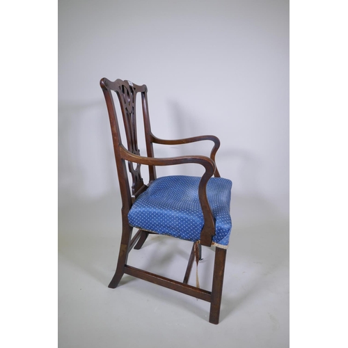 1121 - An C18th mahogany elbow chair, adapted, 98cm high