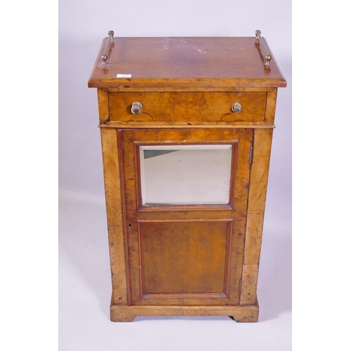 1112 - A Victorian burr walnut side cabinet with single drawer over a mirrored door and cupboard with three... 