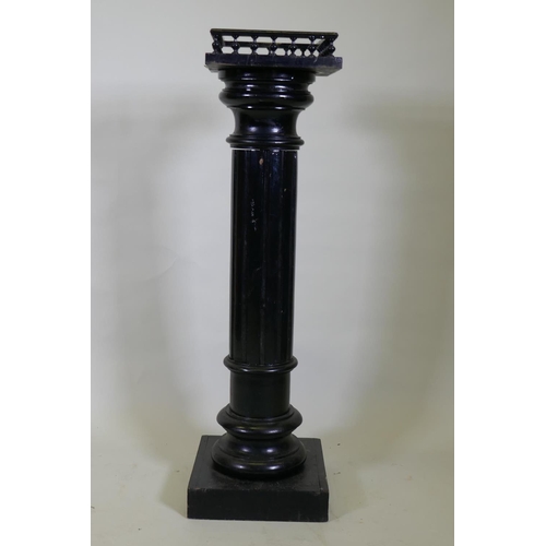 1032 - A Victorian ebonised pedestal with galleried top and fluted column, 29 x 29x 112cm