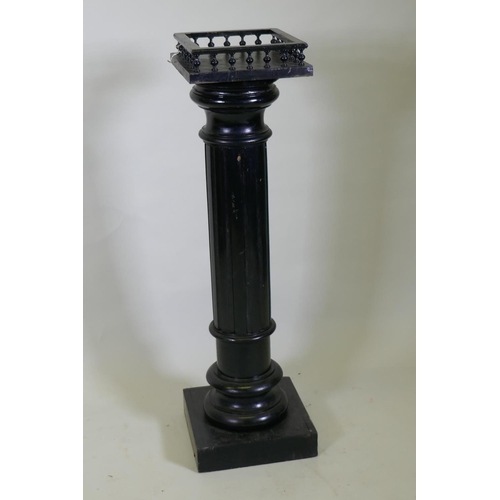 1032 - A Victorian ebonised pedestal with galleried top and fluted column, 29 x 29x 112cm