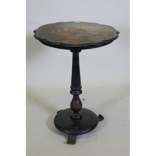 1044 - A Victorian papier mache tilt top occasional table, the shaped top with Mother of Pearl inlaid borde... 