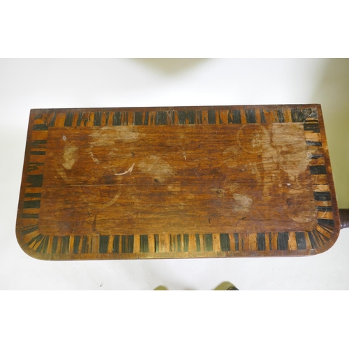 1052 - A Regency rosewood card table with Zebra wood crossbanded top, raised on a turned column with raised... 