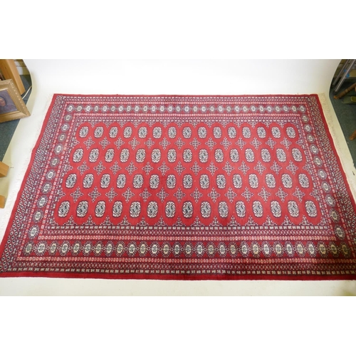 1054 - An antique red ground wool Bokhara rug, 240 x 156cm