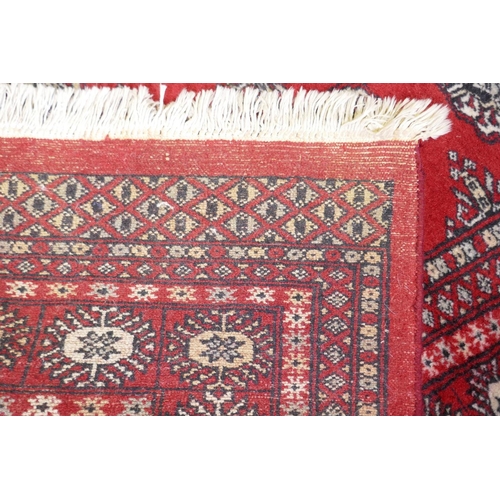 1054 - An antique red ground wool Bokhara rug, 240 x 156cm