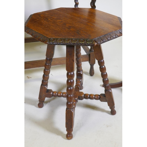 1056 - An oak drop leaf occasional table, raised on carved end supports united by a shaped stretcher, 68 x ... 