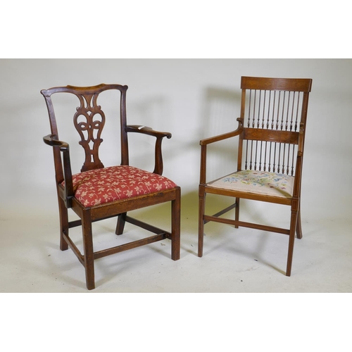 1057 - An C18th Chippendale style walnut chair with pierced splat back, raised on square supports and later... 