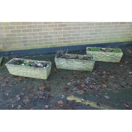 1058 - Three concrete garden planters, 76 x 28, 23cm high