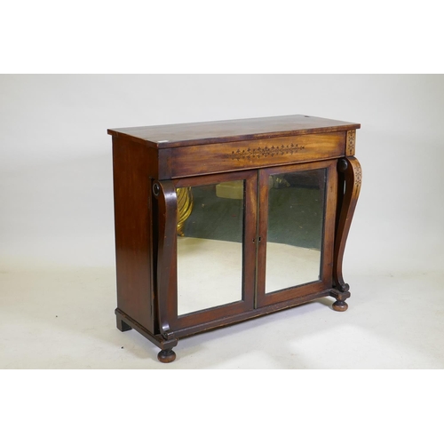 1069 - A Regency mahogany chiffonier with ebony inlaid decoration, single frieze drawer over two antique mi... 