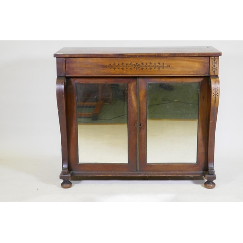 1069 - A Regency mahogany chiffonier with ebony inlaid decoration, single frieze drawer over two antique mi... 