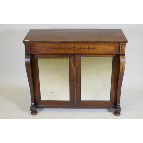 1069 - A Regency mahogany chiffonier with ebony inlaid decoration, single frieze drawer over two antique mi... 