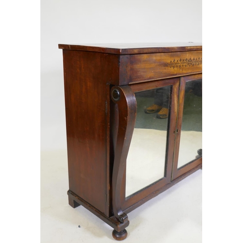 1069 - A Regency mahogany chiffonier with ebony inlaid decoration, single frieze drawer over two antique mi... 