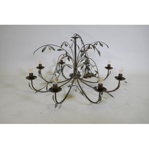 1098 - A brushed metal eight branch chandelier, with olive branch decoration, 90cm diameter