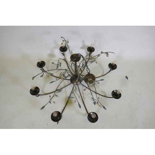 1098 - A brushed metal eight branch chandelier, with olive branch decoration, 90cm diameter