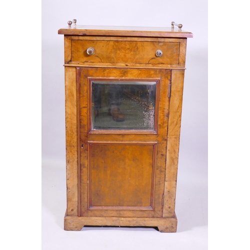 1112 - A Victorian burr walnut side cabinet with single drawer over a mirrored door and cupboard with three... 