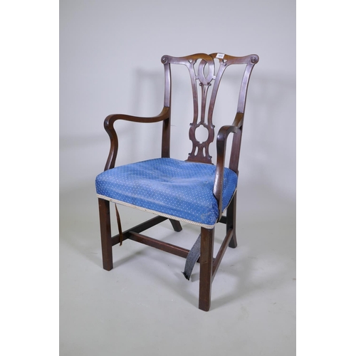 1121 - An C18th mahogany elbow chair, adapted, 98cm high