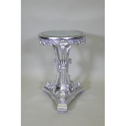 1124 - A metal leaved composition Gueridon with glass top, 44cm diameter, 69cm high