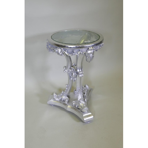 1124 - A metal leaved composition Gueridon with glass top, 44cm diameter, 69cm high