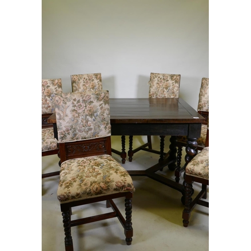 1127 - A set of six C19th continental oak dining chairs, with carved panel backs and sprung seats, raised o... 