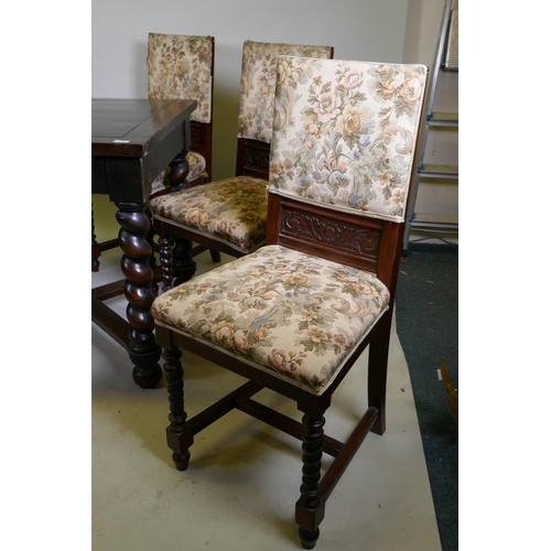 1127 - A set of six C19th continental oak dining chairs, with carved panel backs and sprung seats, raised o... 