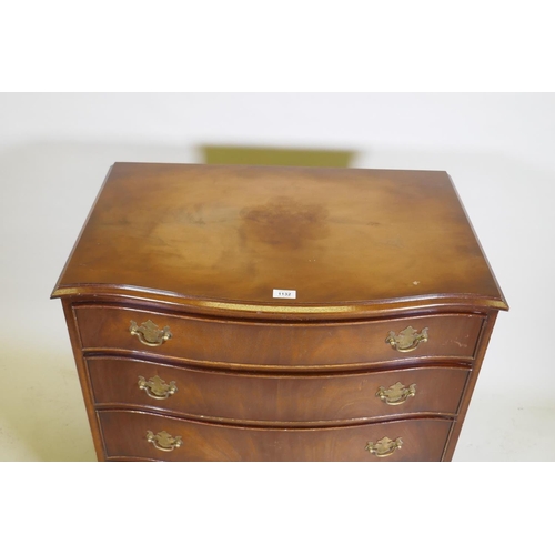 1132 - A mahogany serpentine front chest of four drawers, with brass plate handles, raised on bracket suppo... 