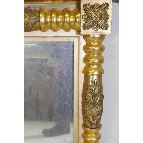 1134 - A Regency water gilt triple overmantel mirror, with raised composition decoration and original glass... 