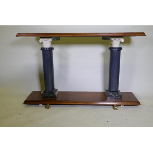 1136 - A contemporary hardwood console table, raised on two marble columns, 141 x 36 x 87cm