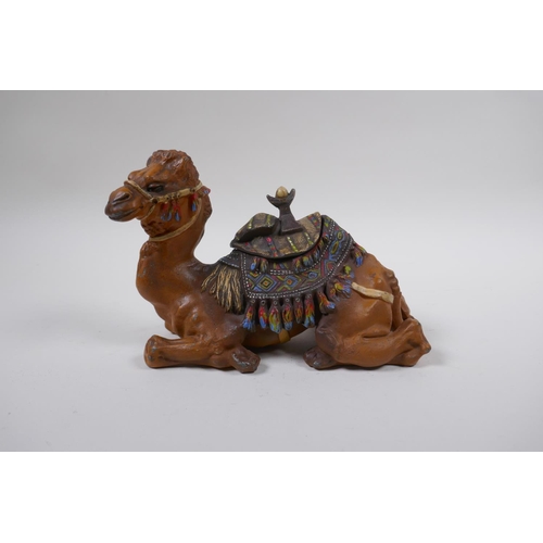 117 - A cold painted bronze inkwell in the form of a camel, 21cm long