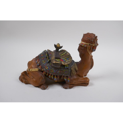 117 - A cold painted bronze inkwell in the form of a camel, 21cm long