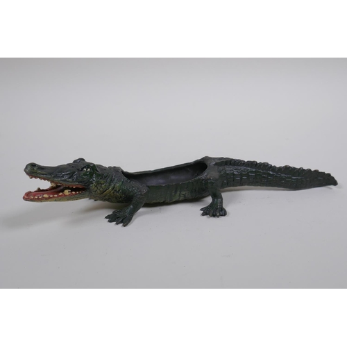 119 - A cold painted bronze pin tray in the form of a crocodile, in the manner of Bergman, 22cm long