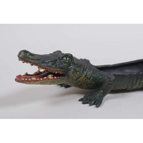 119 - A cold painted bronze pin tray in the form of a crocodile, in the manner of Bergman, 22cm long