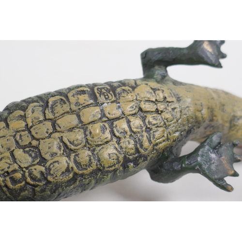 119 - A cold painted bronze pin tray in the form of a crocodile, in the manner of Bergman, 22cm long