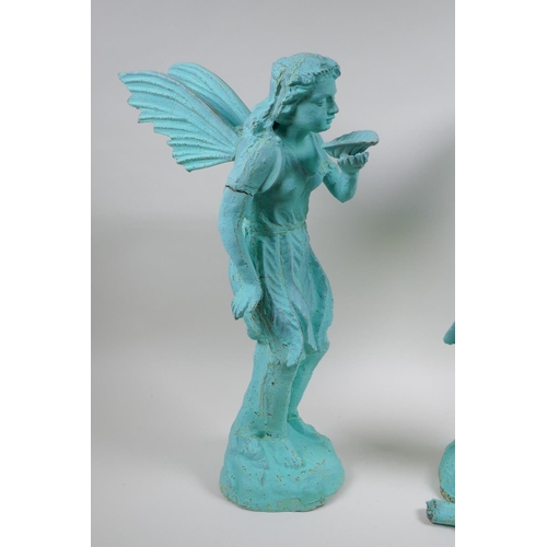 122 - A pair of cast iron garden fairies with applied verdigris patina, AF, 50cm high