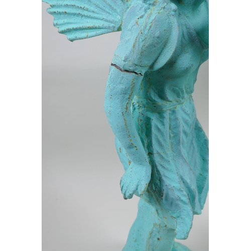 122 - A pair of cast iron garden fairies with applied verdigris patina, AF, 50cm high