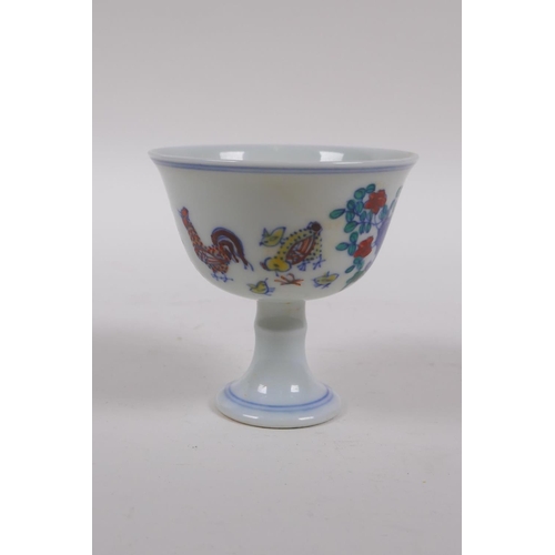 123 - A Doucai porcelain stem bowl with chicken decoration, Chinese Chenghua 6 character mark to base, 8 c... 