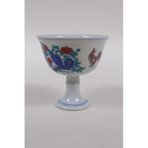 123 - A Doucai porcelain stem bowl with chicken decoration, Chinese Chenghua 6 character mark to base, 8 c... 