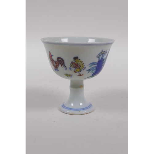 123 - A Doucai porcelain stem bowl with chicken decoration, Chinese Chenghua 6 character mark to base, 8 c... 