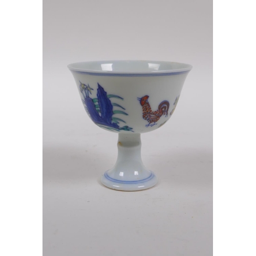 123 - A Doucai porcelain stem bowl with chicken decoration, Chinese Chenghua 6 character mark to base, 8 c... 