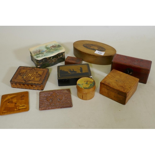 139 - A quantity of treen and lacquer card cases, boxes, largest 19cm long