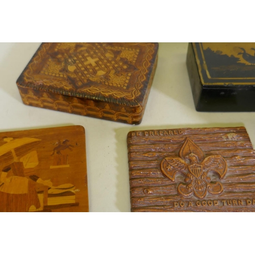 139 - A quantity of treen and lacquer card cases, boxes, largest 19cm long