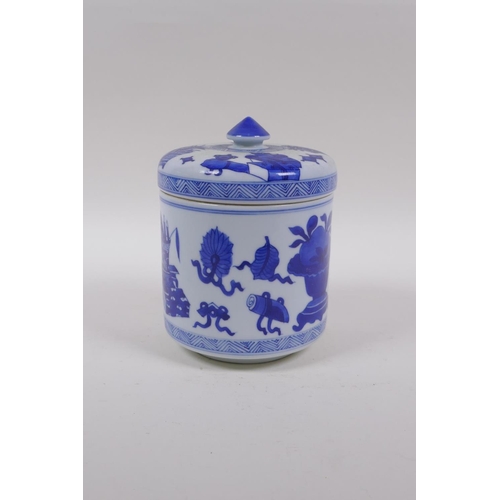 143 - A Chinese blue and white porcelain cylinder pot and cover decorated with objects of virtue, 16cm hig... 