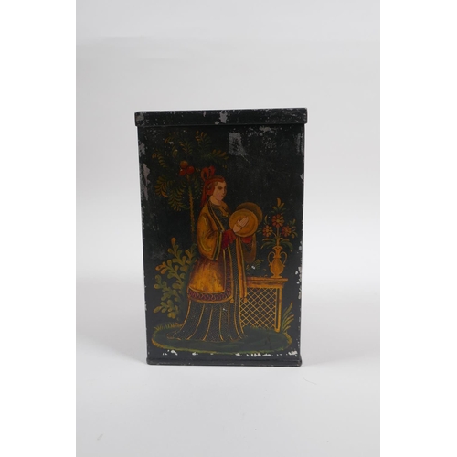 16 - An antique toleware tea canister decorated with a woman playing cymbals, 10 x 12, 16cm high