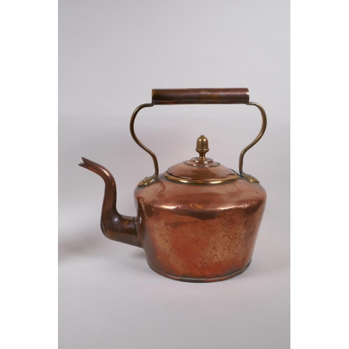 161 - A large C19th copper 2 gallon kettle and another smaller, and a George IV pewter quart tankard and t... 