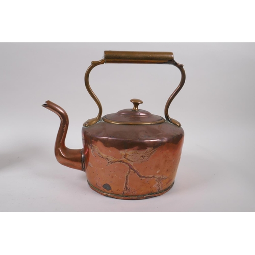 161 - A large C19th copper 2 gallon kettle and another smaller, and a George IV pewter quart tankard and t... 