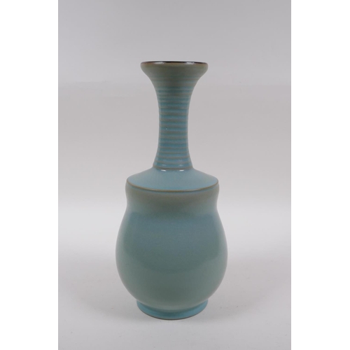 163 - A Chinese Ru ware style porcelain vase with ribbed neck, 29cm high