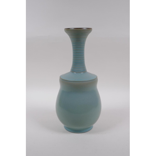 163 - A Chinese Ru ware style porcelain vase with ribbed neck, 29cm high