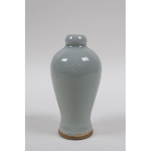 168 - A Chinese ru ware style celadon crackle glazed  spill vase, 12cm high