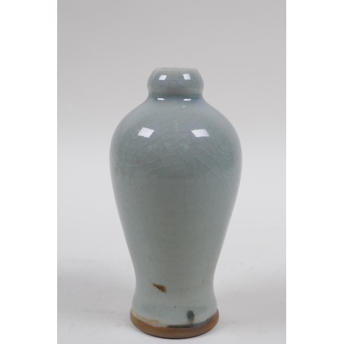 168 - A Chinese ru ware style celadon crackle glazed  spill vase, 12cm high