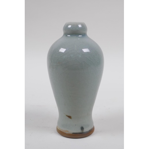 168 - A Chinese ru ware style celadon crackle glazed  spill vase, 12cm high