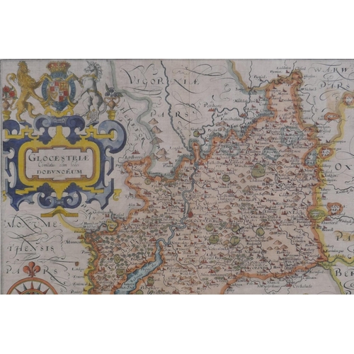 17 - A C17th map of Gloucestershire by William Hole after Christopher Saxton, c. 1637, hand coloured, 31 ... 