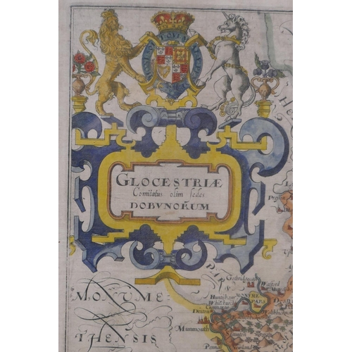 17 - A C17th map of Gloucestershire by William Hole after Christopher Saxton, c. 1637, hand coloured, 31 ... 